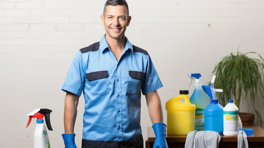 Professional cleaner with cleaning supplies and equipment